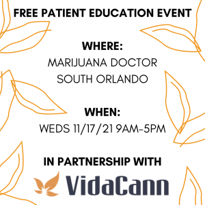 VidaCann Free Patient Education Day promotional image with orange flower print design